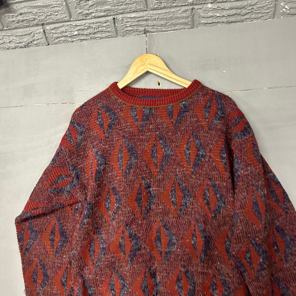 Vintage‎ Puritan Mens Sweater Large Red Blue Geometric Diamond Knit Made in USA